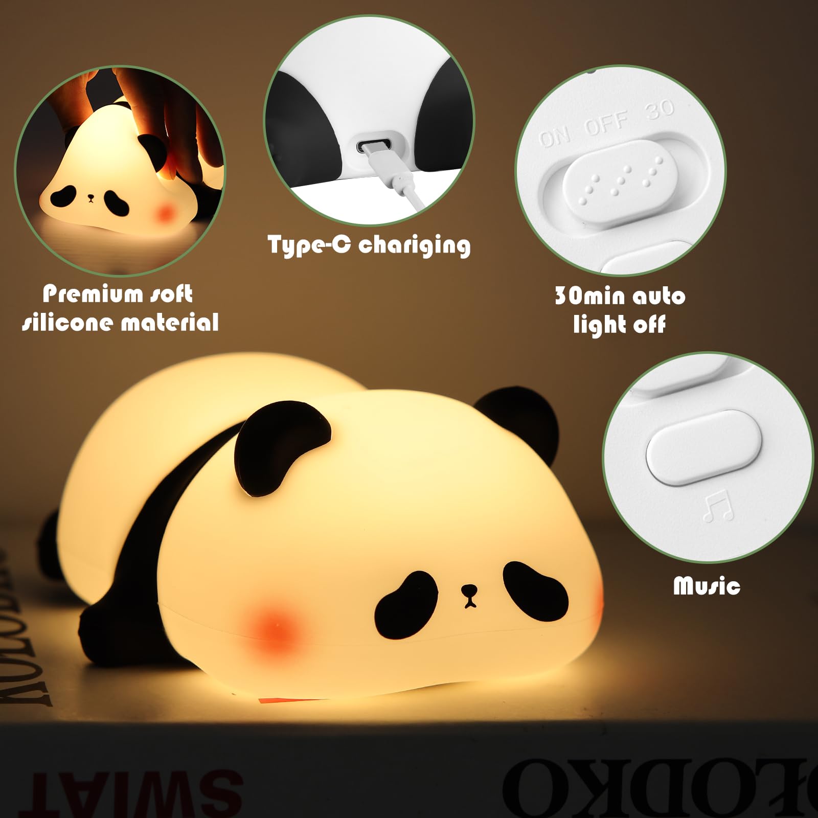 YISUN Panda night light showing soft LED glow with squishy silicone surface