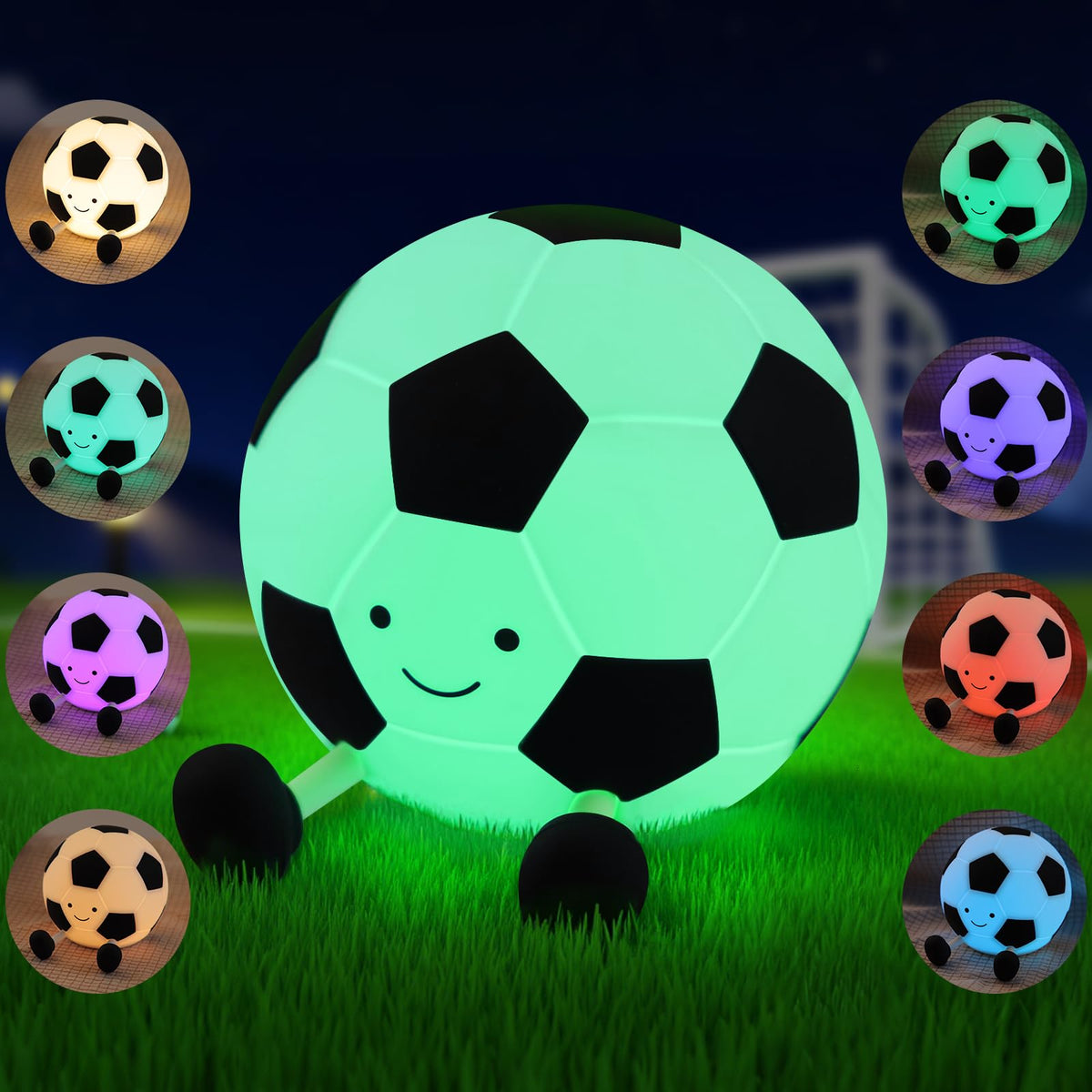 YISUN soccer night light silicone glows softly on a child's bedside table.