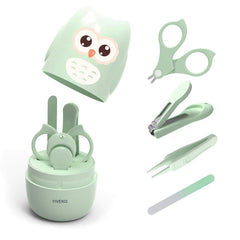 YIVEKO baby nail kit in owl-green case for travel-ready grooming.