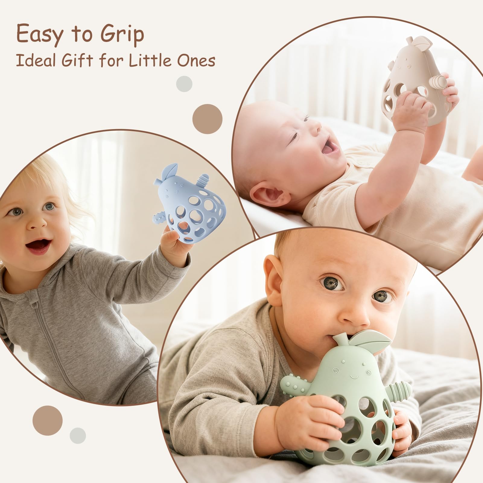 YIVEKO baby teether highlights easy-grip hole for small hands.