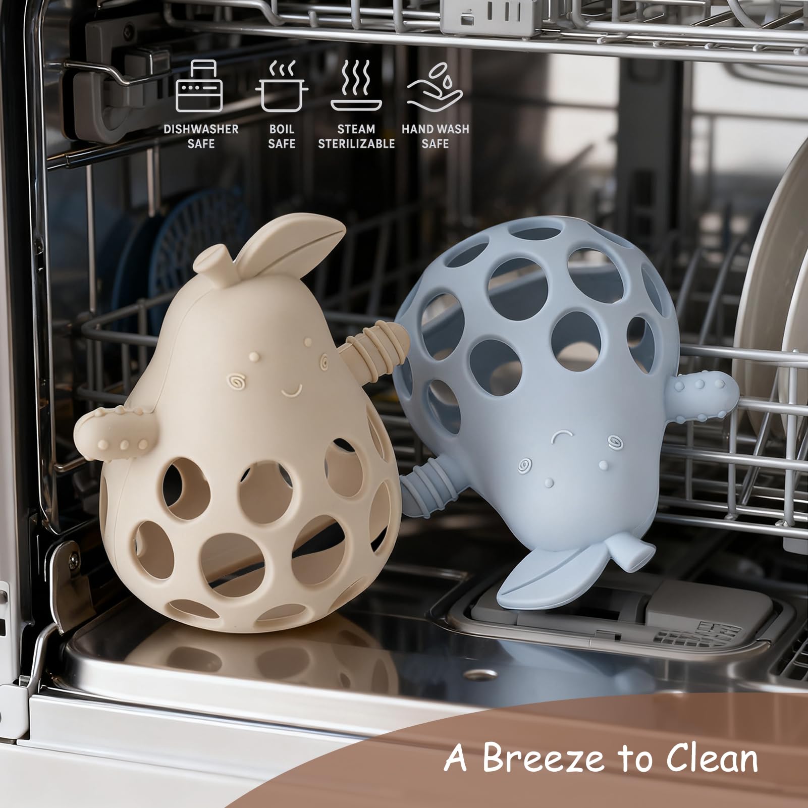 YIVEKO silicone teether is dishwasher safe and easy to clean.
