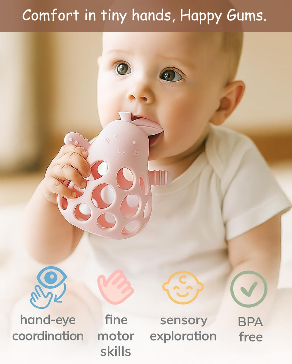 YIVEKO silicone teether with nipple ends for gum massage and soothing relief.