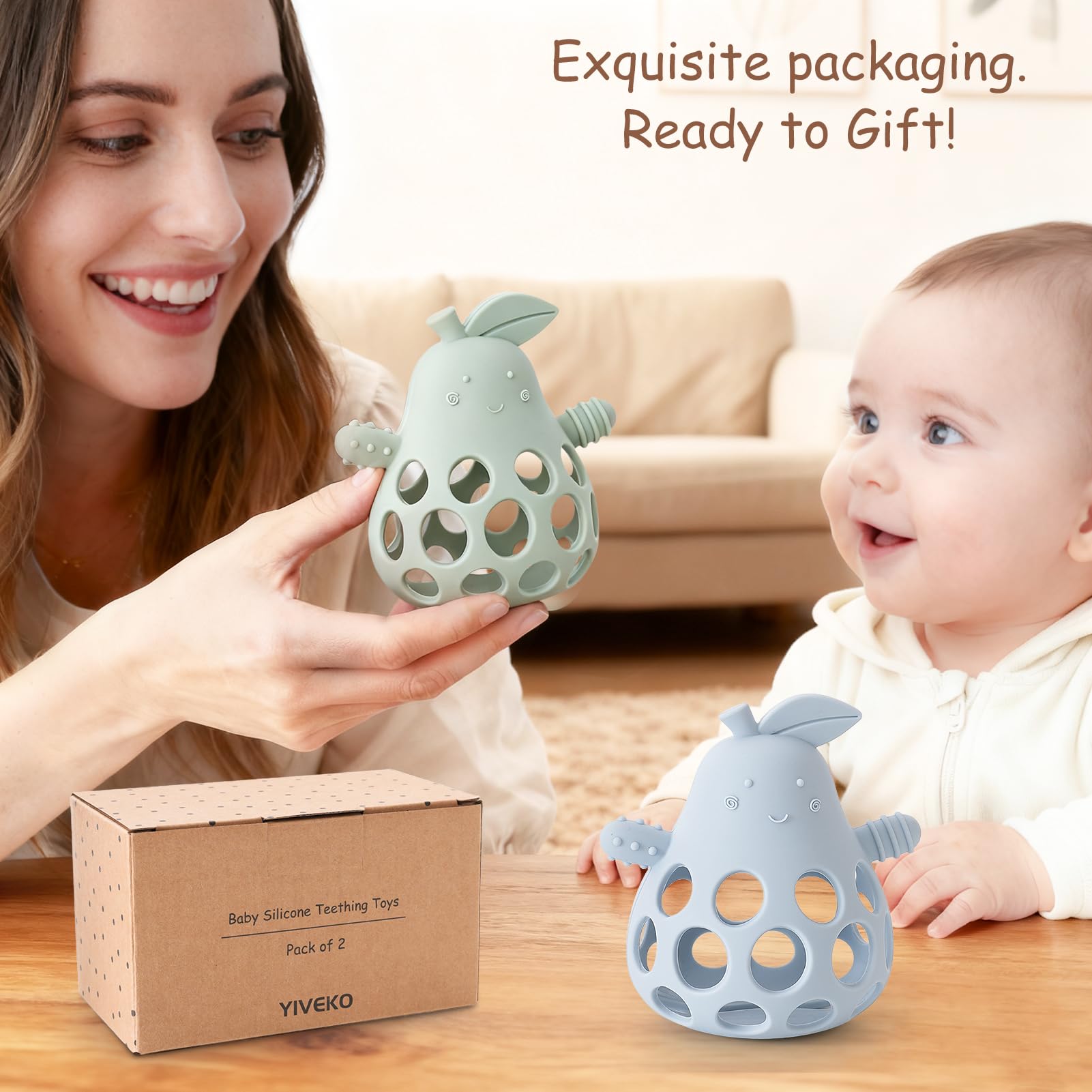 YIVEKO packaging presents a gift-ready teething toy for baby showers.