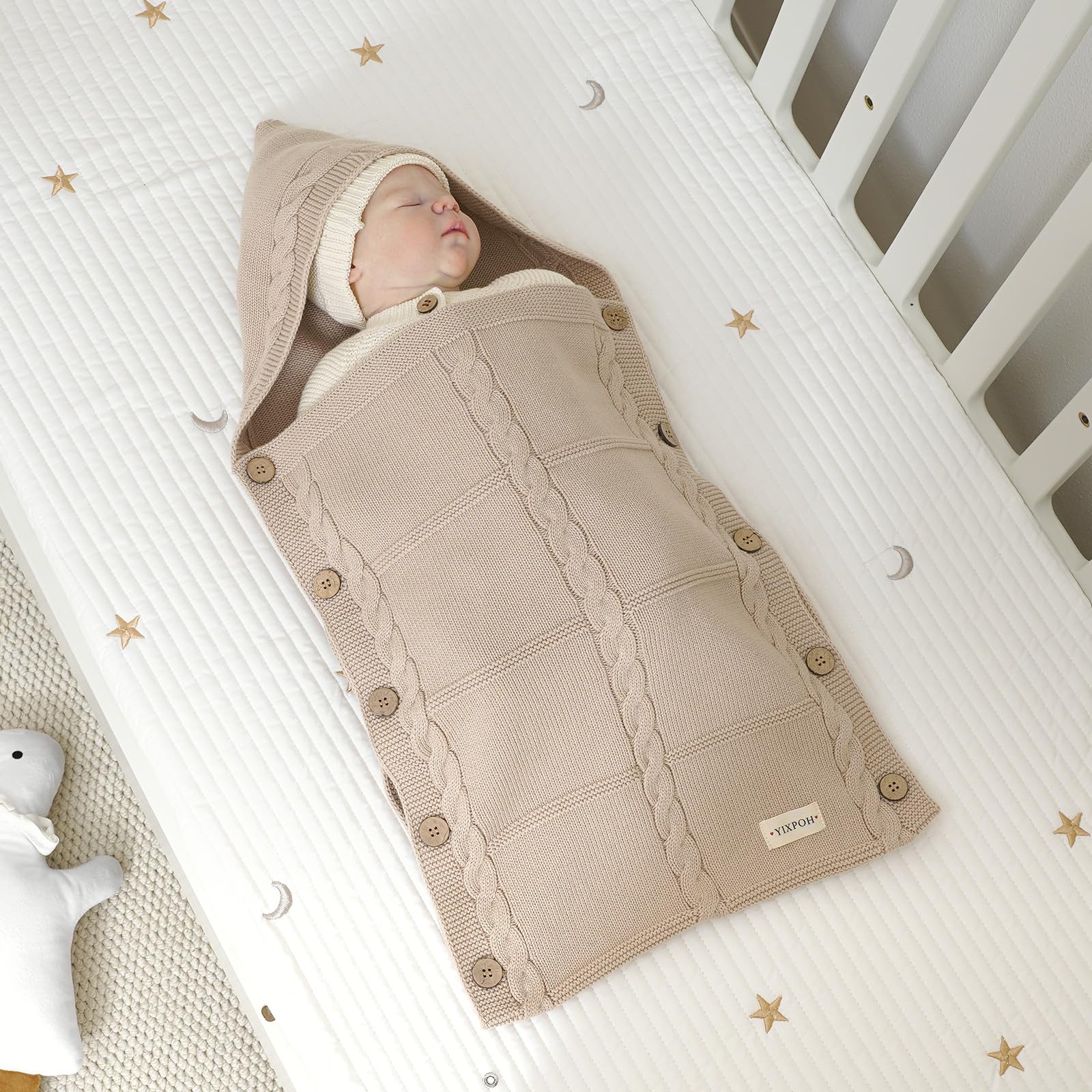 YIXPOH knit sleeping bag fits 0-6 months with room to grow.