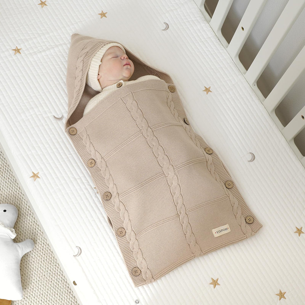YIXPOH knit sleeping bag fits 0-6 months with room to grow.