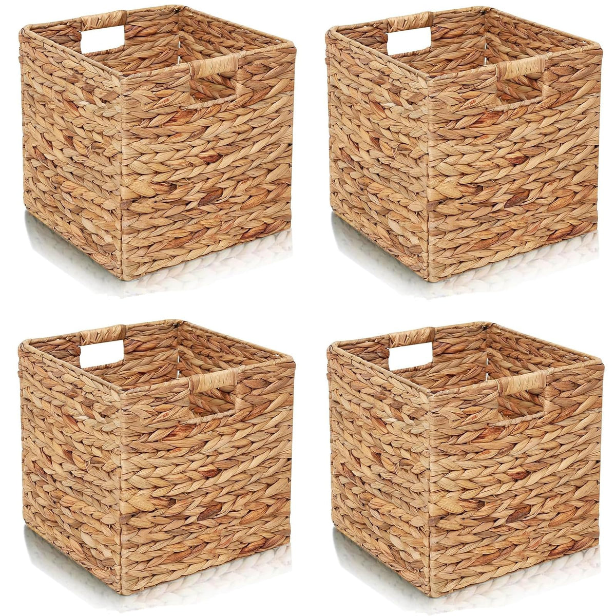YJGYP9F water hyacinth cube basket on a shelf for organized storage.