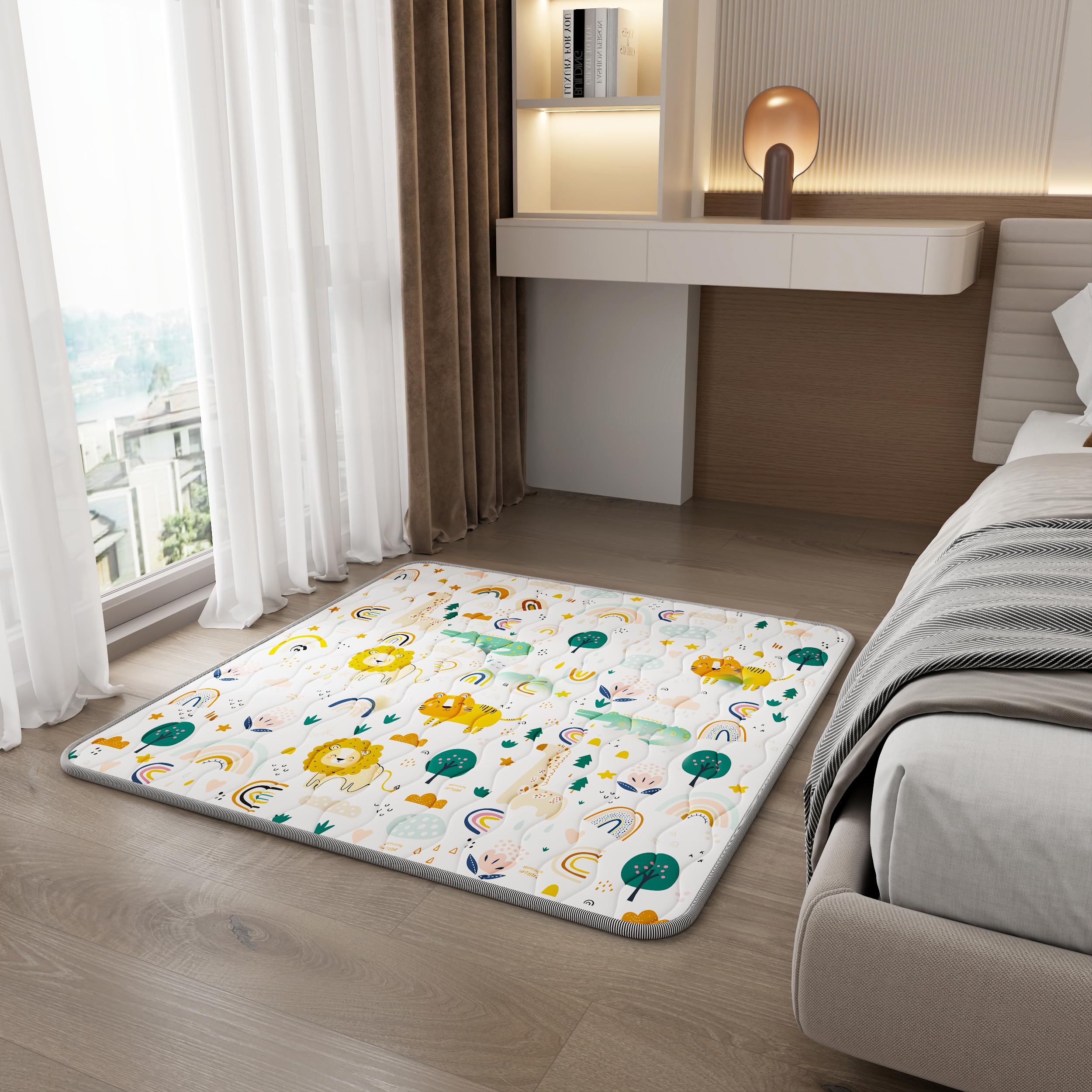 YJORIX baby play mat with rainbow animals for infants and toddlers.