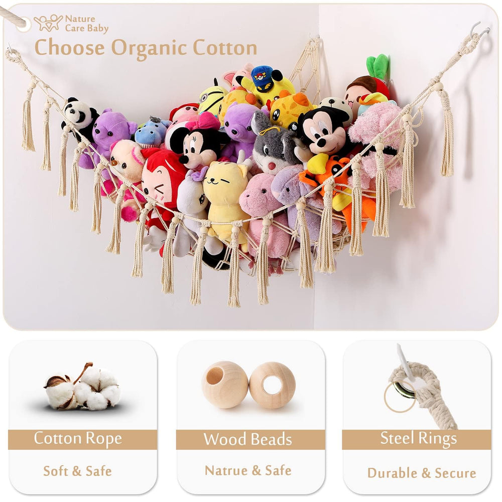 YKBU corner toy hammock with wooden beads adds boho storage for plush collections
