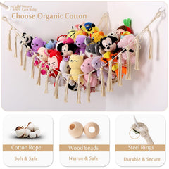 YKBU corner toy hammock with wooden beads adds boho storage for plush collections