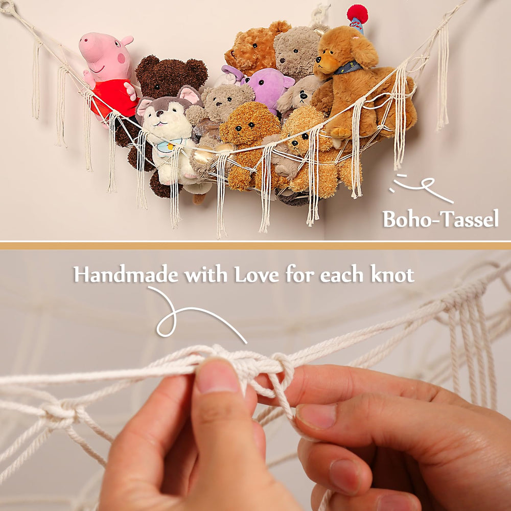 YKBU corner toy storage cream hammock frees floor space.