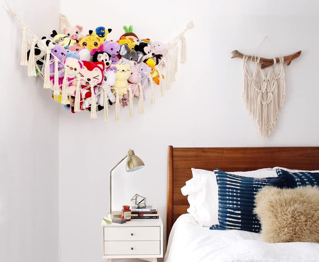 YKBU cotton rope hammock keeps plush toys accessible and off the floor