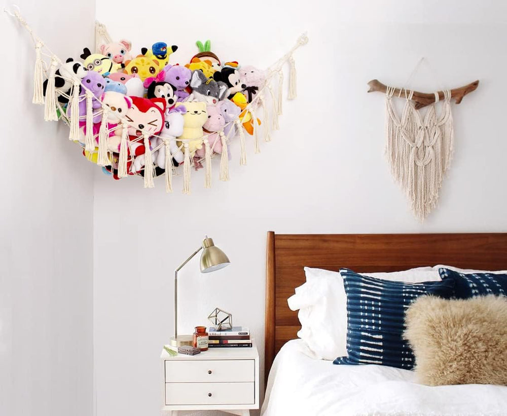 YKBU cotton rope hammock keeps plush toys accessible and off the floor
