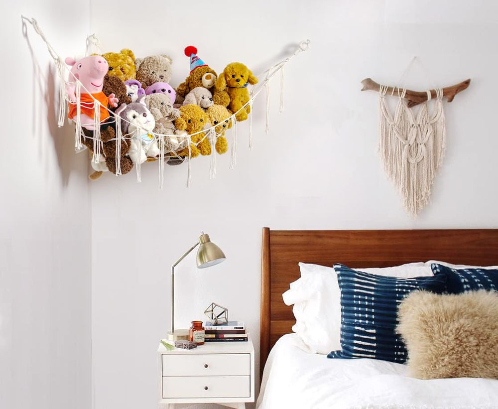 YKBU premium corner toy hammock display for nursery or playroom.