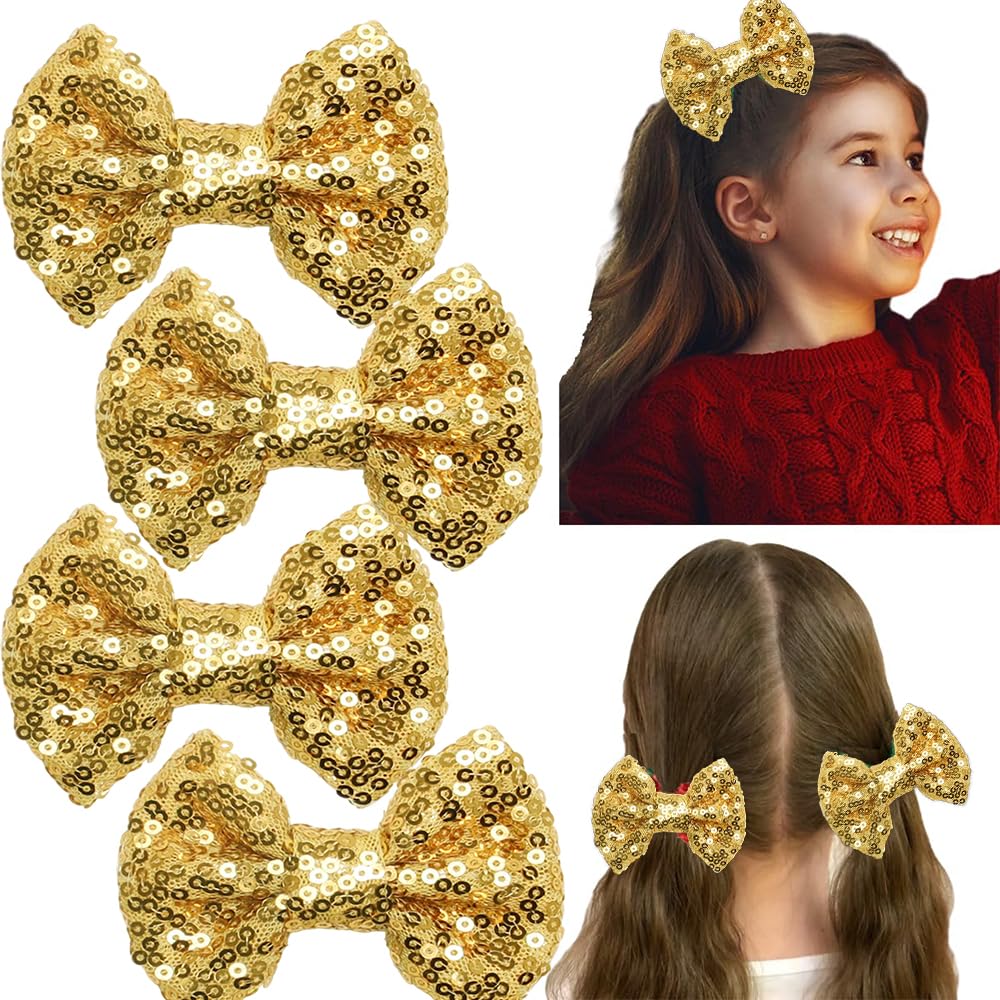 YLOIJO gold glitter hair bow front view for sparkling styling