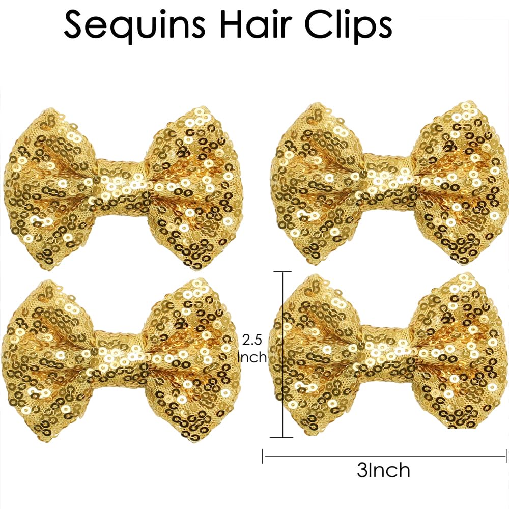 YLOIJO gold glitter hair bow side view showing sequin shine for daily wear