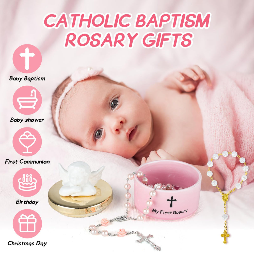 YLOLUL Ceramic keepsake box engraved My First Rosary for storing beads.