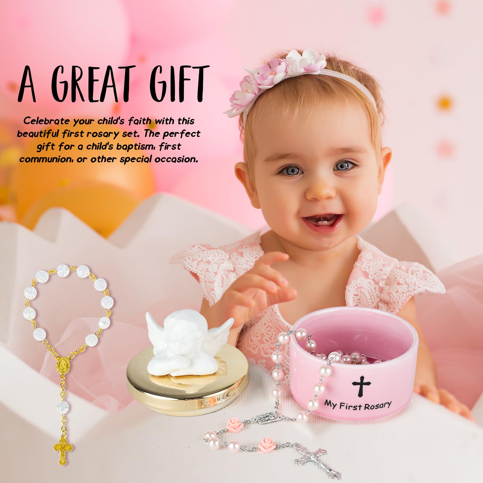 YLOLUL Pink rosary beads and box celebrate a christening memory.