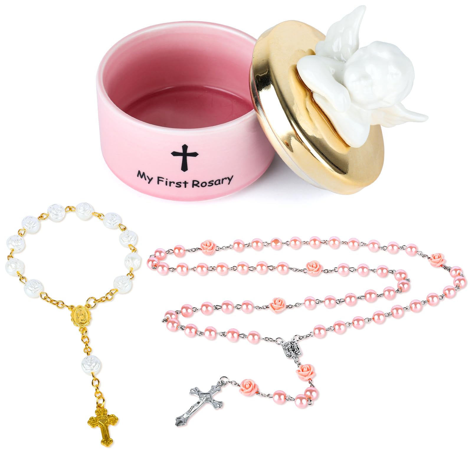 YLOLUL My First Rosary pink necklace for baby baptism, a stylish keepsake.