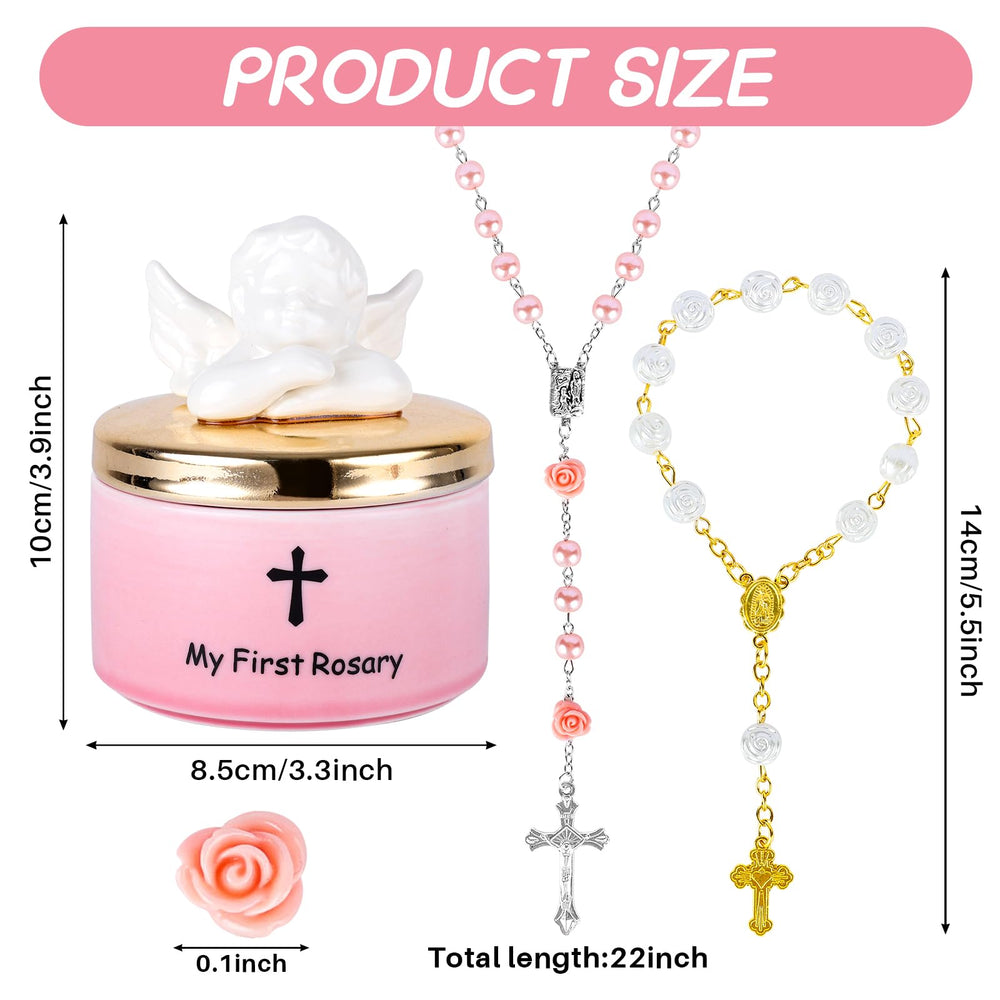 YLOLUL Pink rose-shaped baby bracelet for christening with coordinated rosary beads.