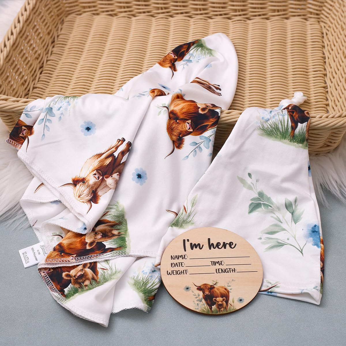 Ylsteed Highland Cow headband blue on baby completes cute outfit while soothing routine