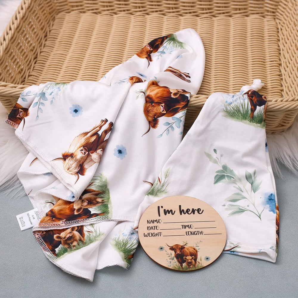 Ylsteed Highland Cow headband blue on baby completes cute outfit while soothing routine