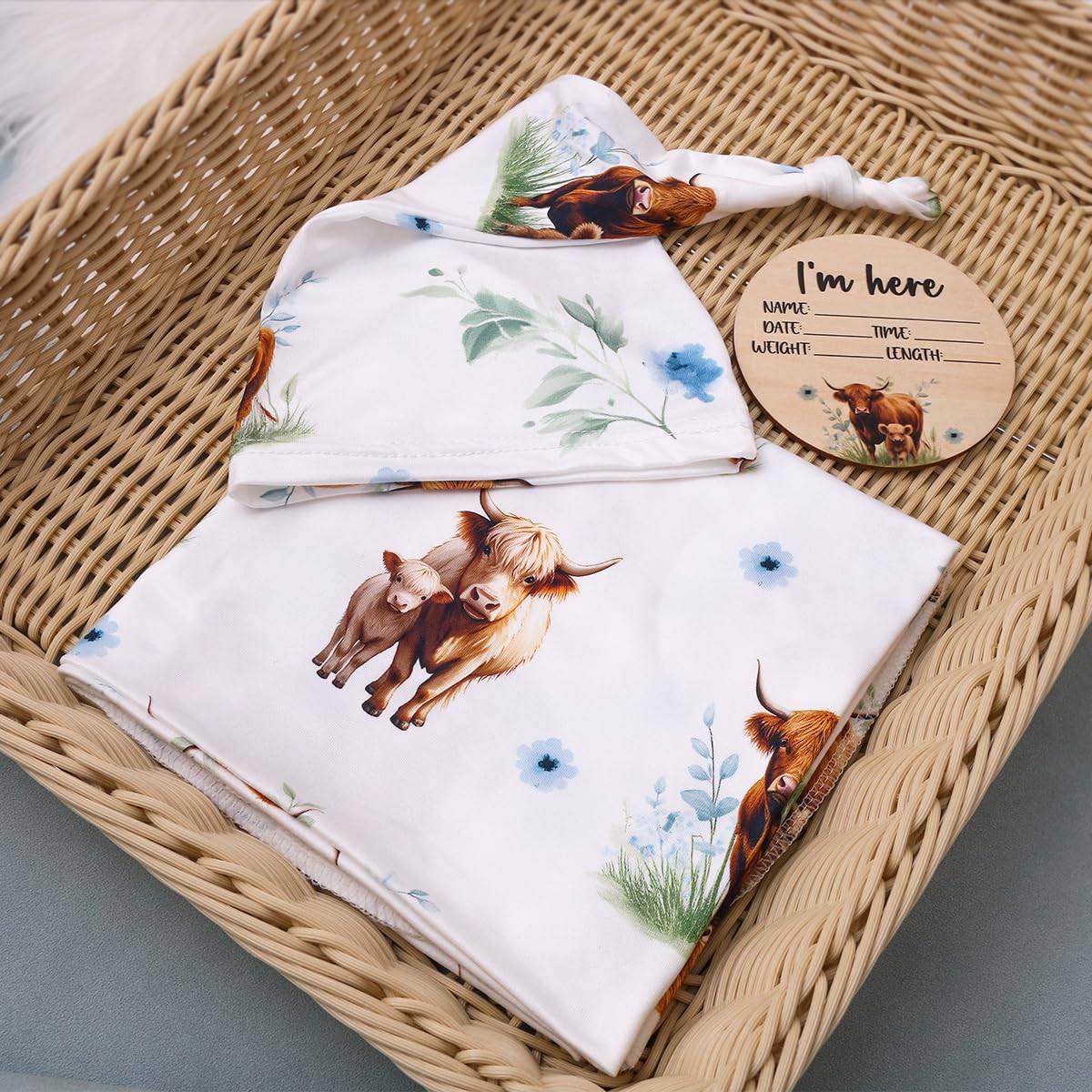 Ylsteed Highland Cow swaddle blanket blue, baby wrapped, cozy and breathable for calm moments