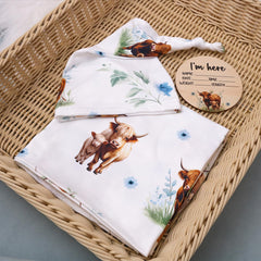 Ylsteed Highland Cow swaddle blanket blue, baby wrapped, cozy and breathable for calm moments