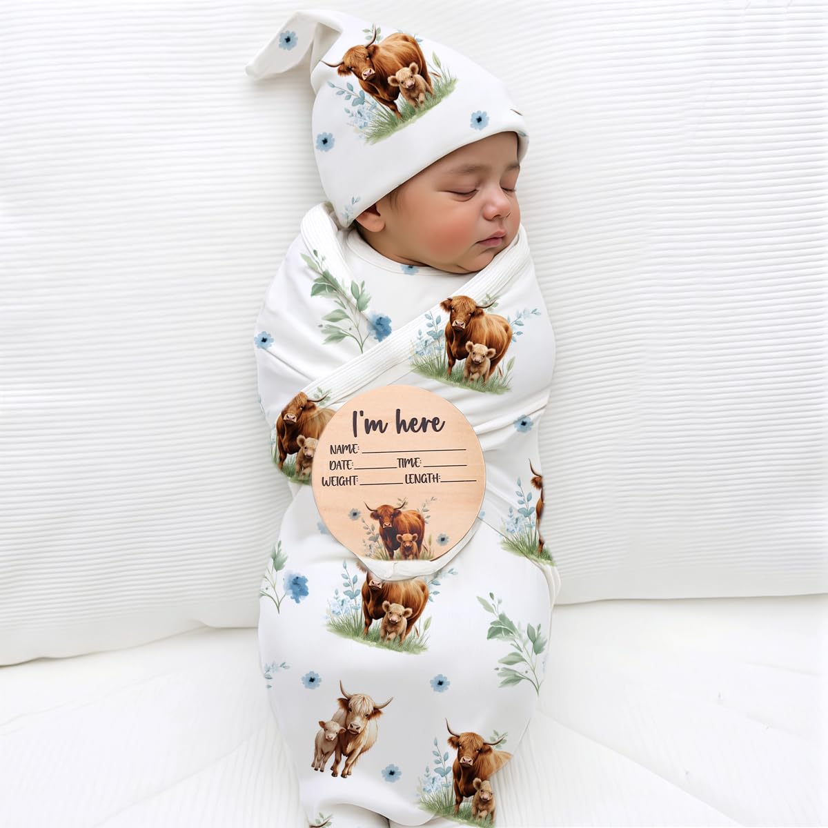 Ylsteed Highland Cow swaddle blanket blue, front view, soft fabric supports gentle newborn sleep