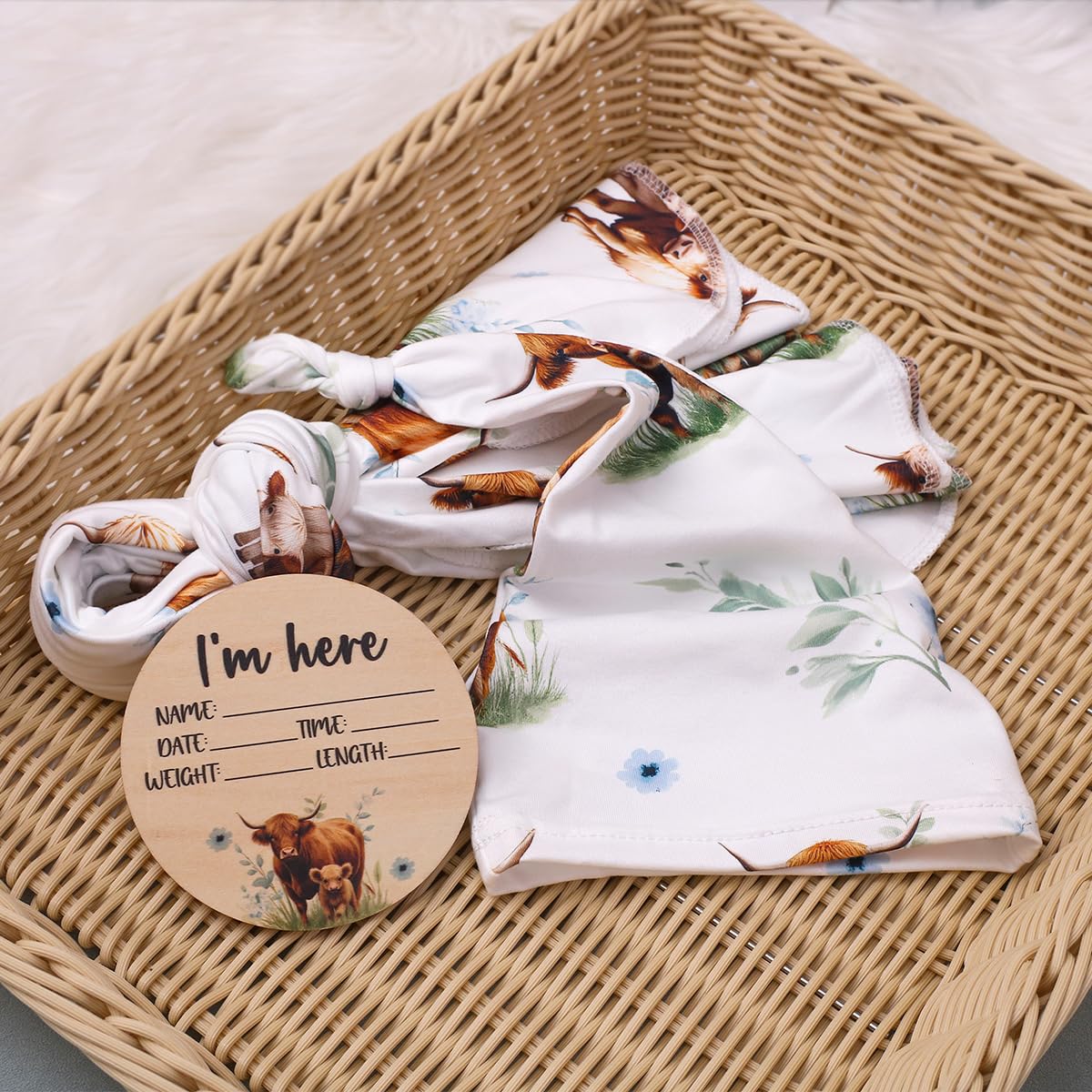 Ylsteed Highland Cow swaddle blanket blue fabric texture gentle against delicate newborn skin