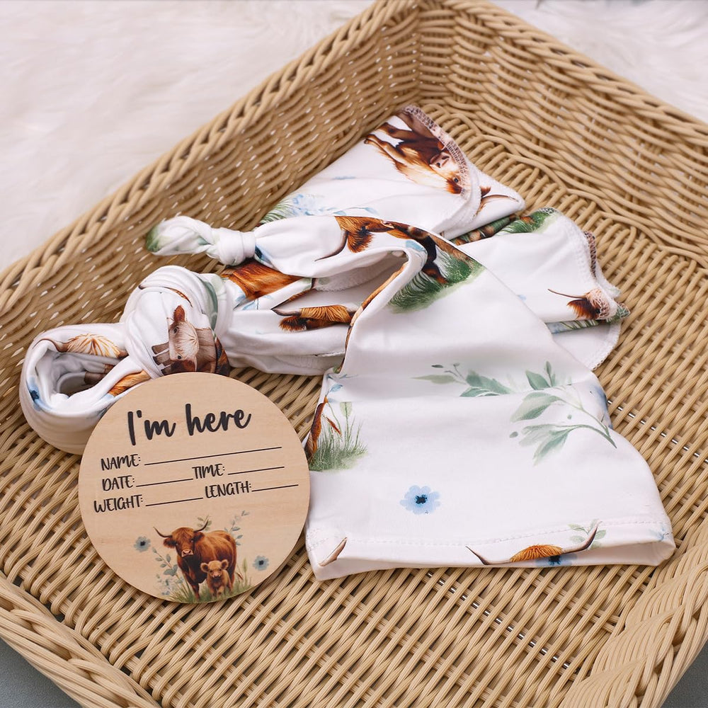 Ylsteed Highland Cow swaddle blanket blue fabric texture gentle against delicate newborn skin