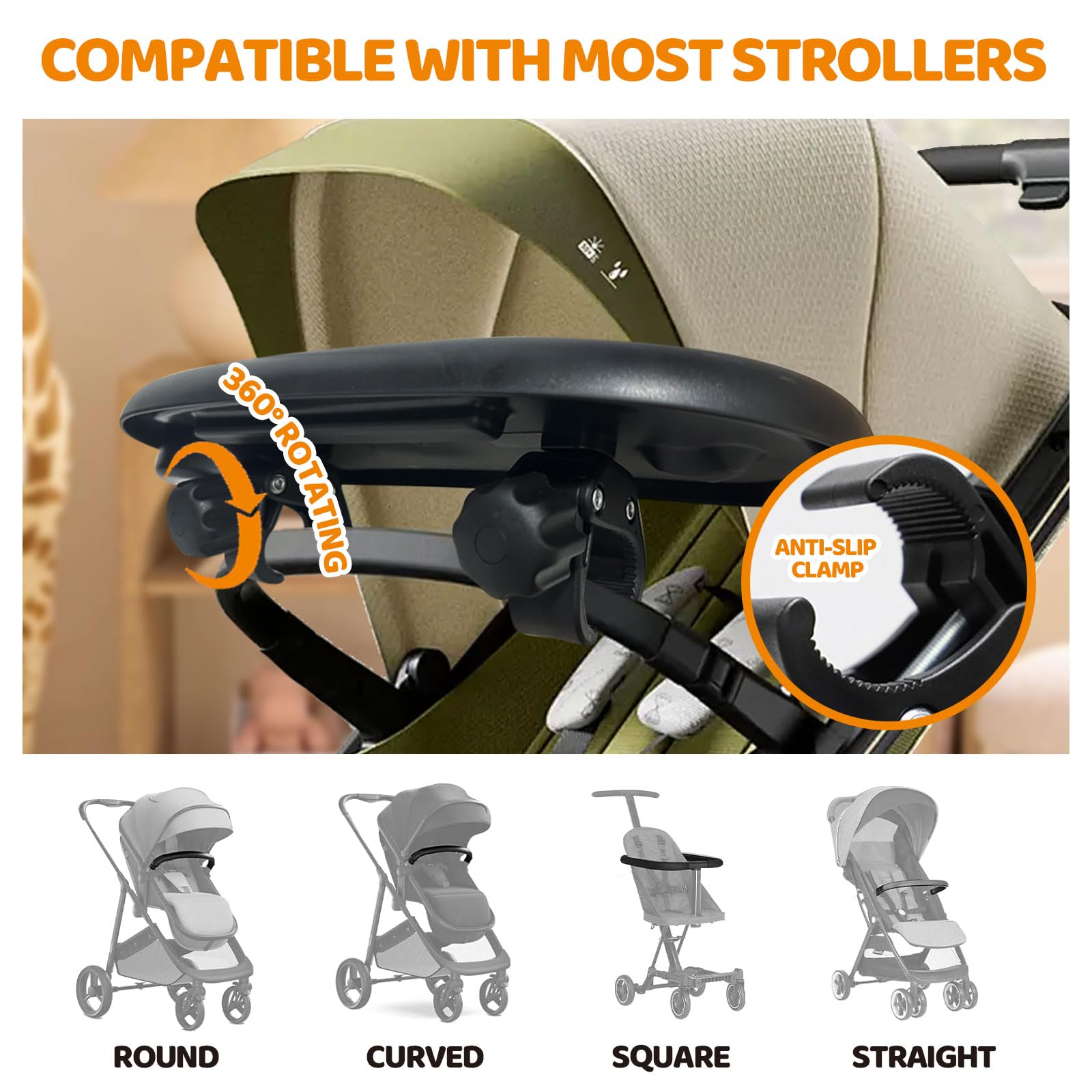 YMGN stroller snack tray cup holder prevents spills on bottles and drinks.