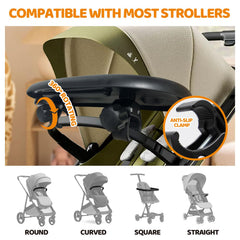 YMGN stroller snack tray cup holder prevents spills on bottles and drinks.
