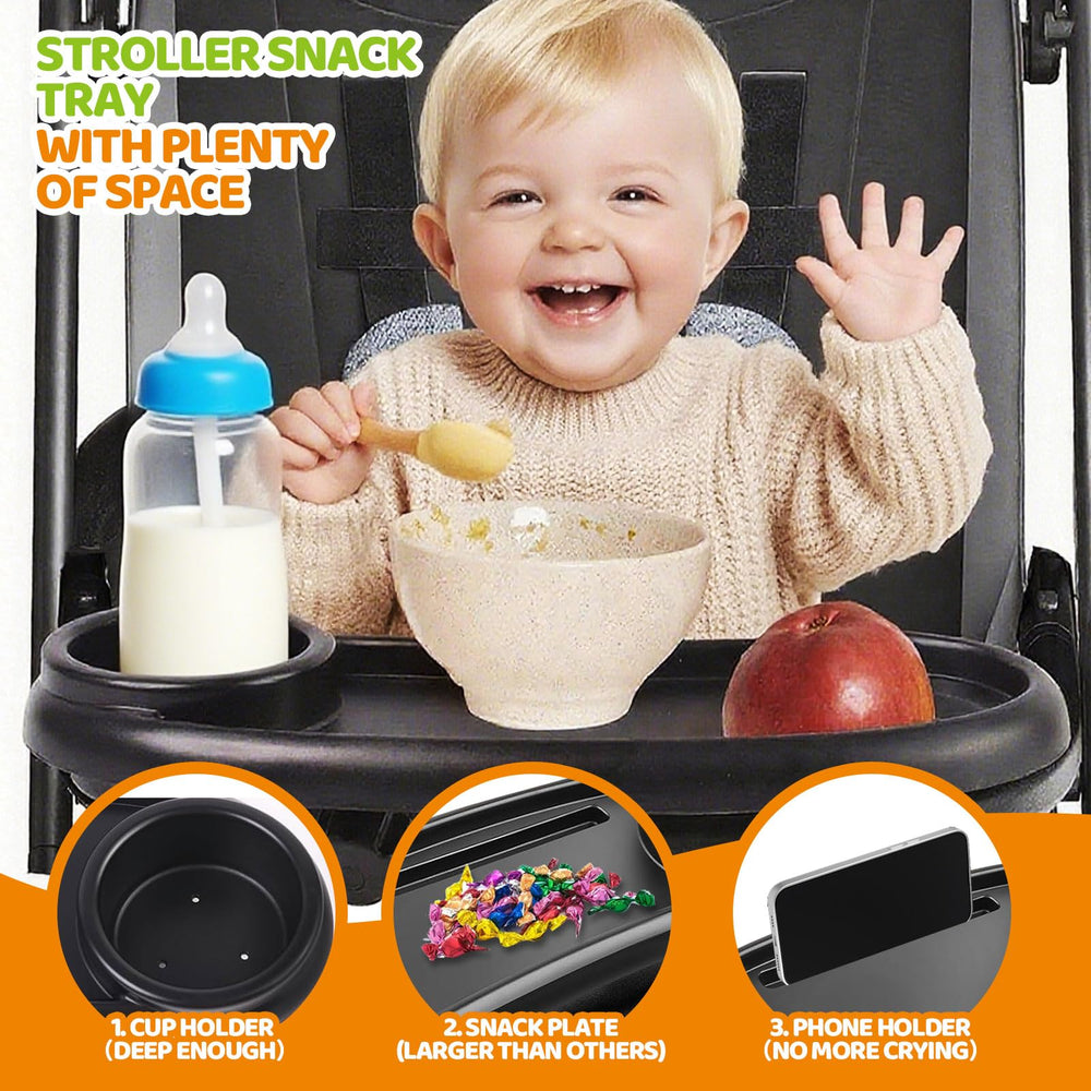 YMGN stroller snack tray phone slot keeps phone secure during outings.