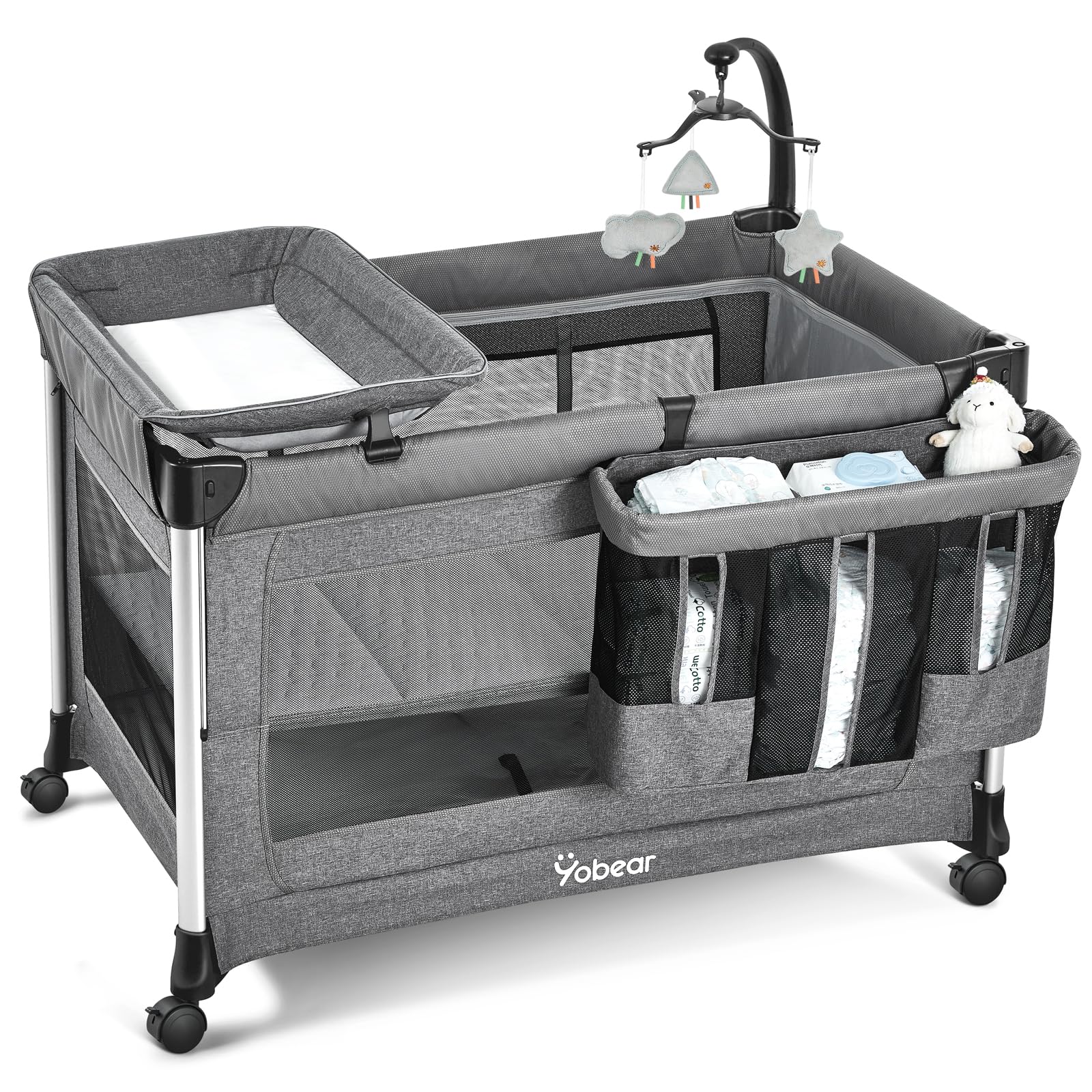 Yobear 4-in-1 bassinet and mattress beside parent for newborn comfort