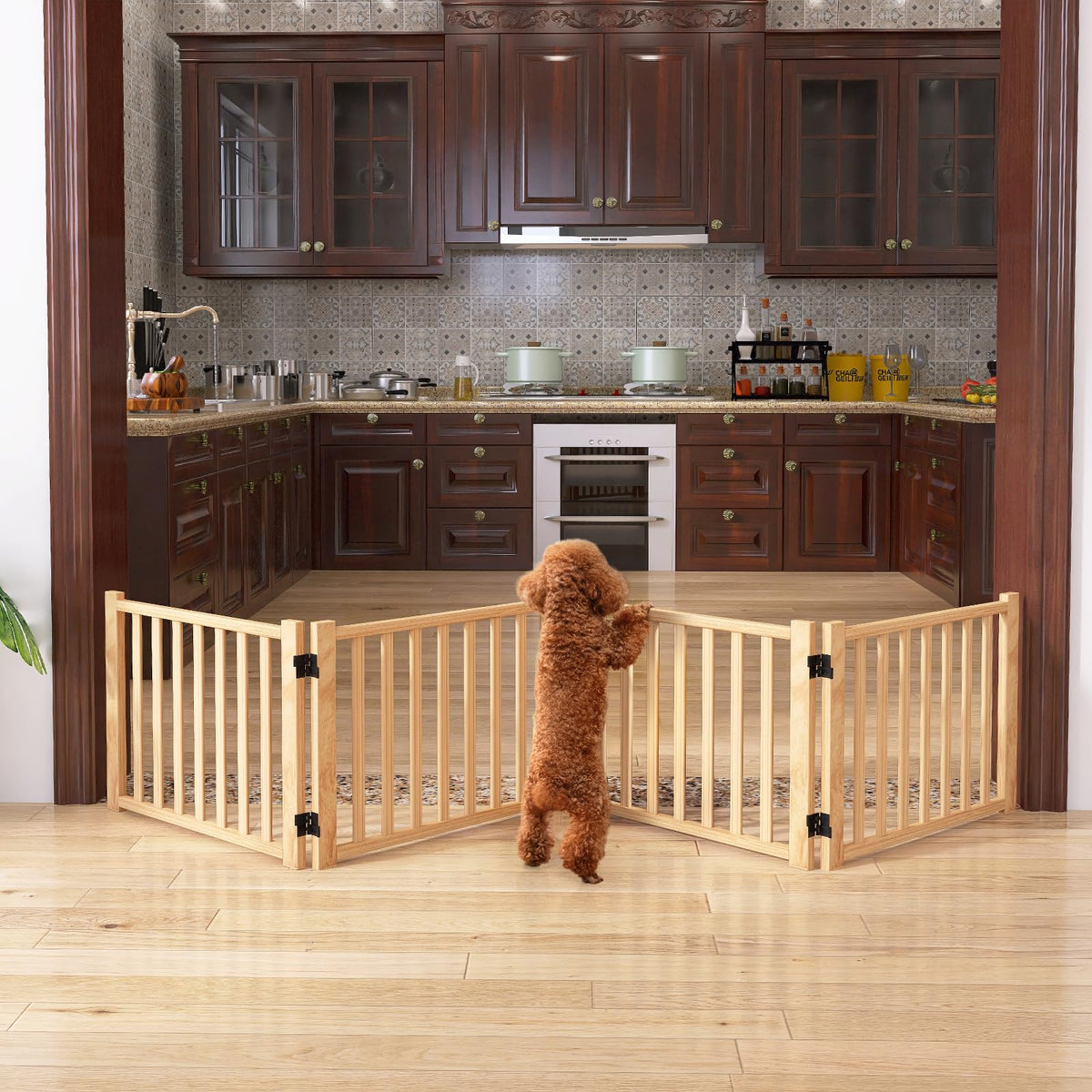YOCAN paint-free wooden gate, 4-panel setup for room separation and pet containment.