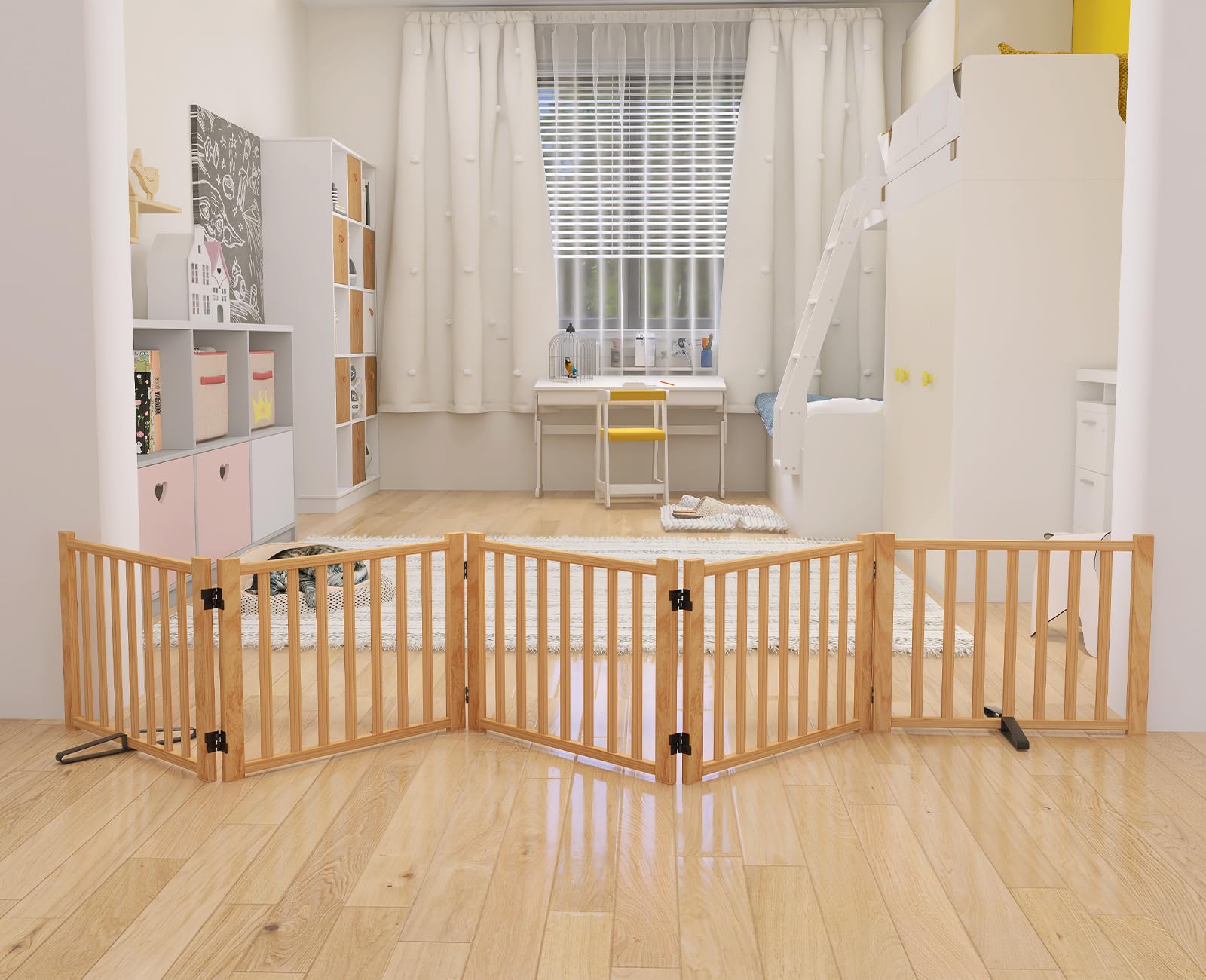 YOCAN paint-free wooden dog gate, assembled for immediate use to contain pets.