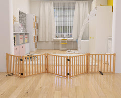 YOCAN paint-free wooden dog gate, assembled for immediate use to contain pets.