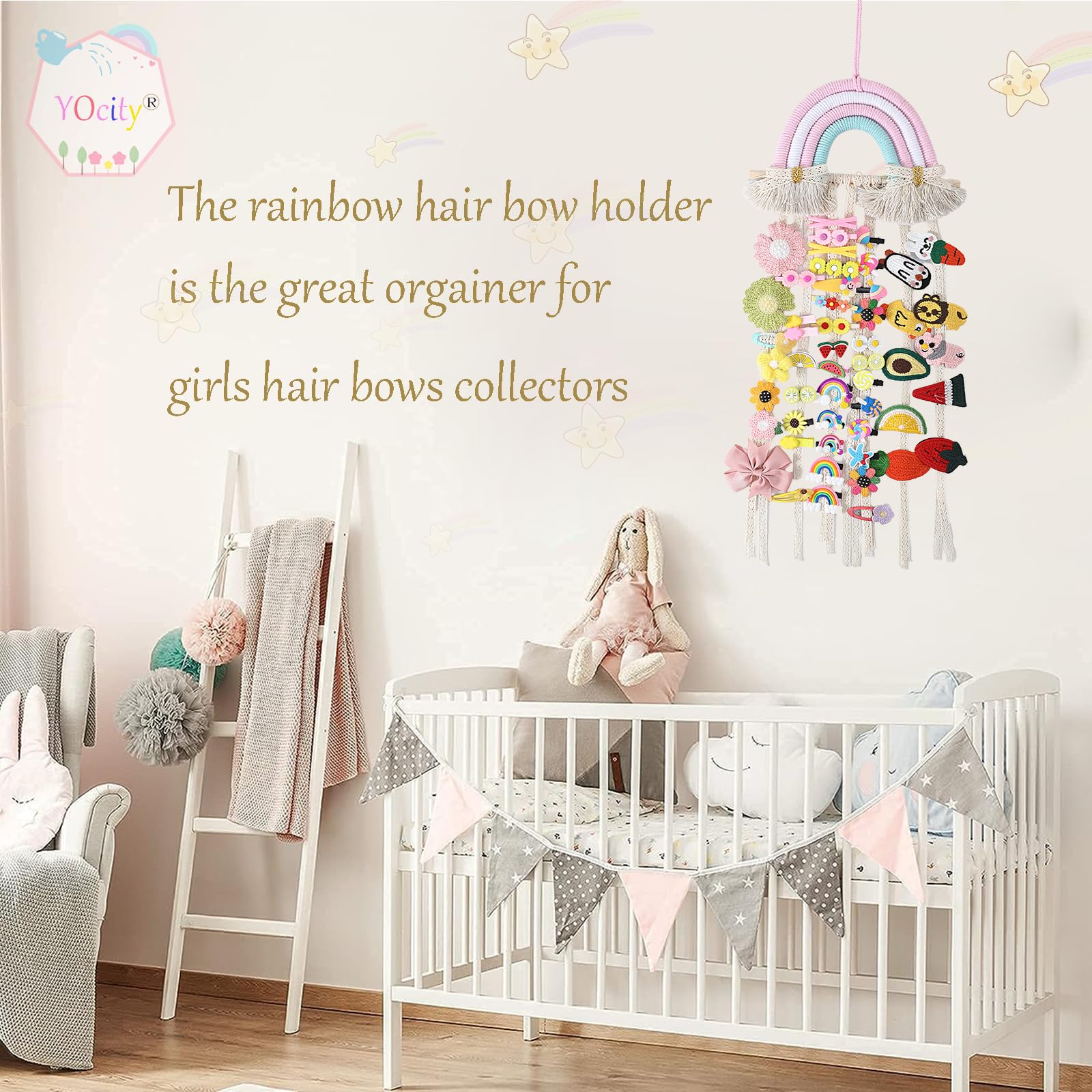 YOcity Bow Holder decorates a girl's room with rainbow colors and tidy storage