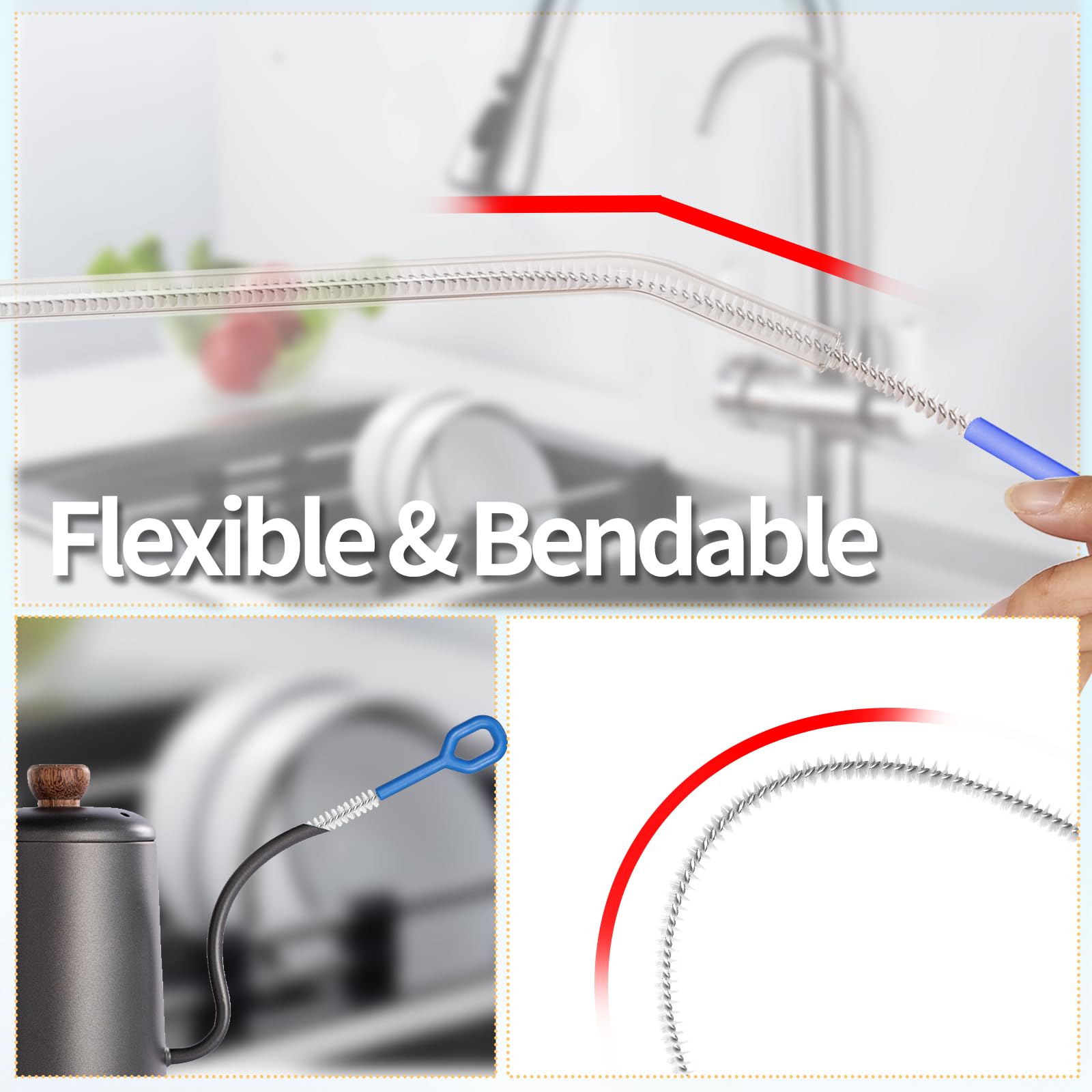 Stainless steel core with nylon bristles resists rust during cleaning.