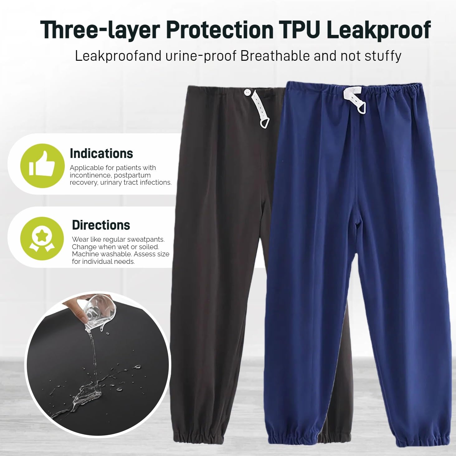 Yodilala gray XL pants, TPU middle layer close-up, protects against leaks