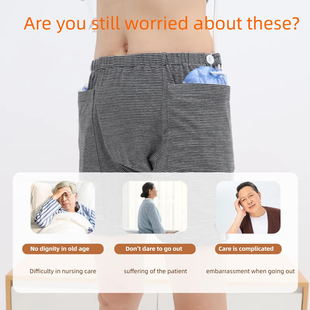 Yodilala urinary bag pants in use showing extended bag access for drainage