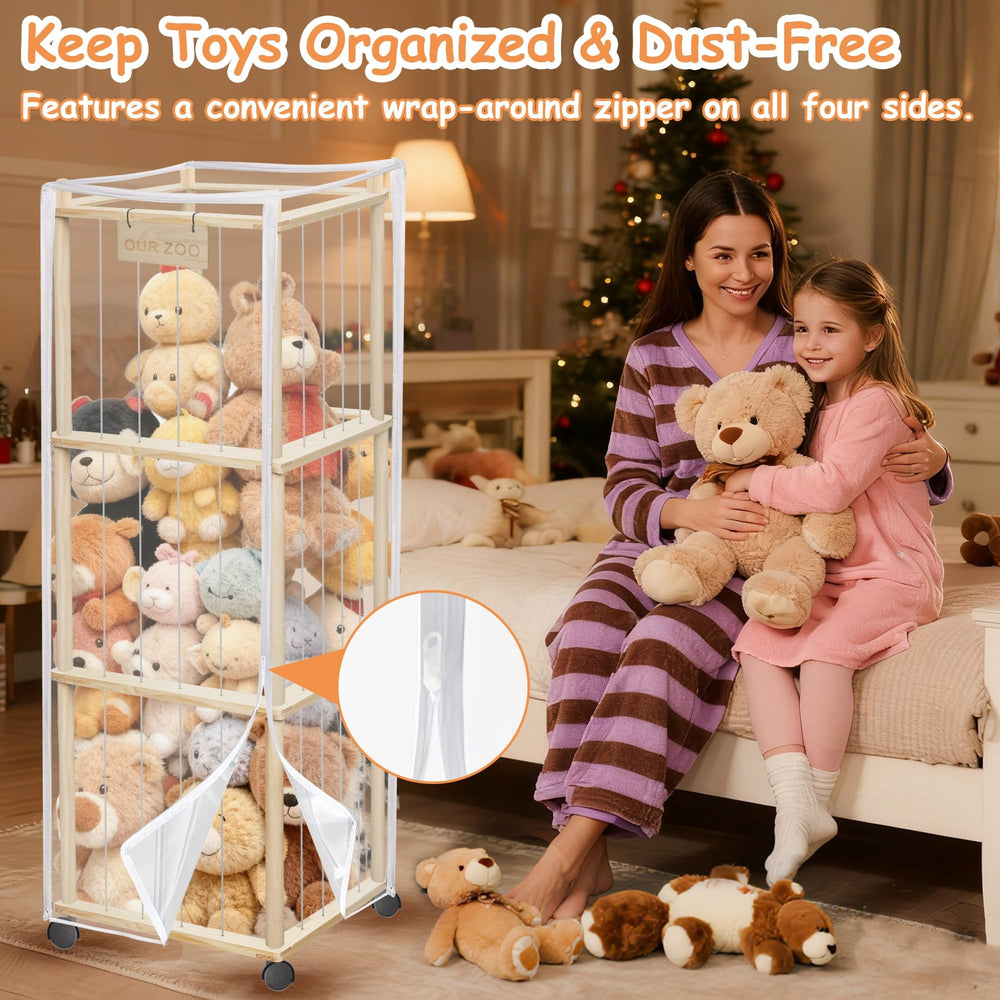 YOFIT zoo storage tower with removable dust cover keeps plush toys clean.