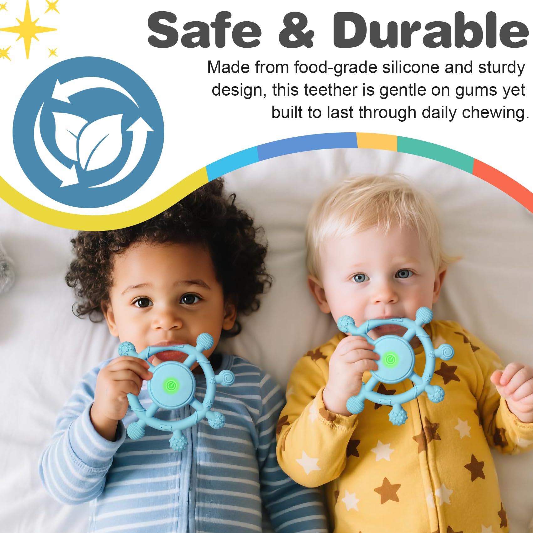 YOFUN gift-ready teether blue highlights three color options for gifting.