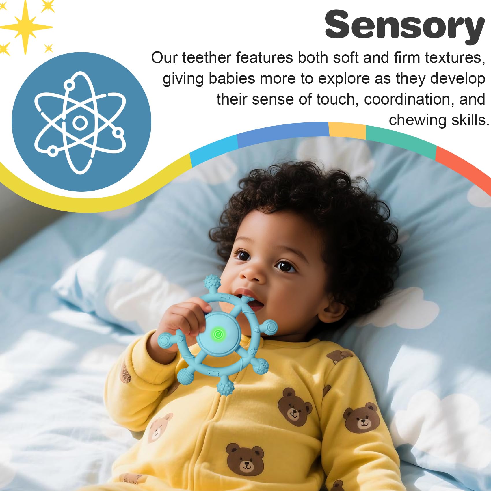 YOFUN teether color variations blue pink mint showcases gift-ready options.