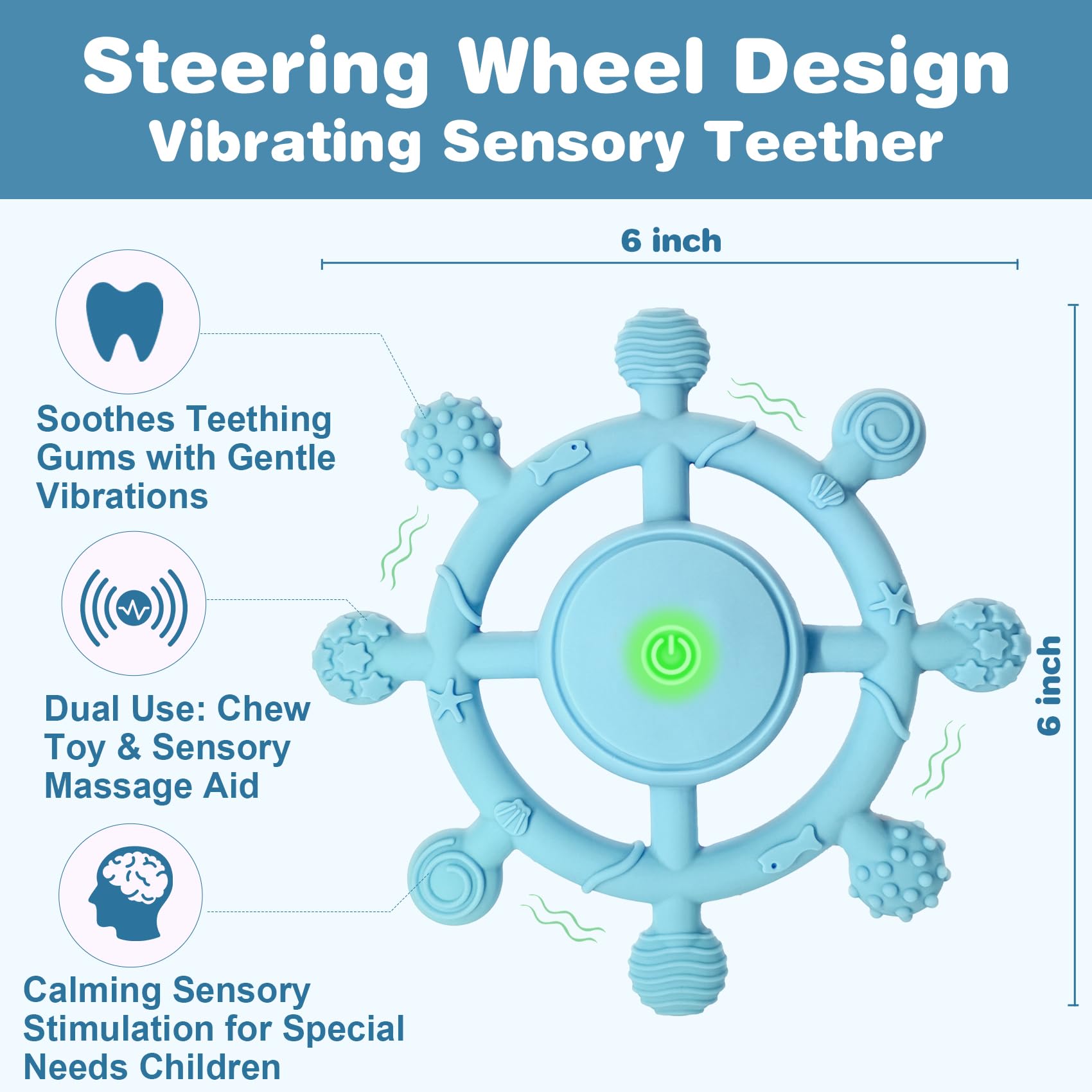 YOFUN teether vibration modes close-up shows adjustable soothing settings for gums.