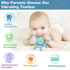 YOFUN USB charging teether close-up highlights convenient rechargeable design.