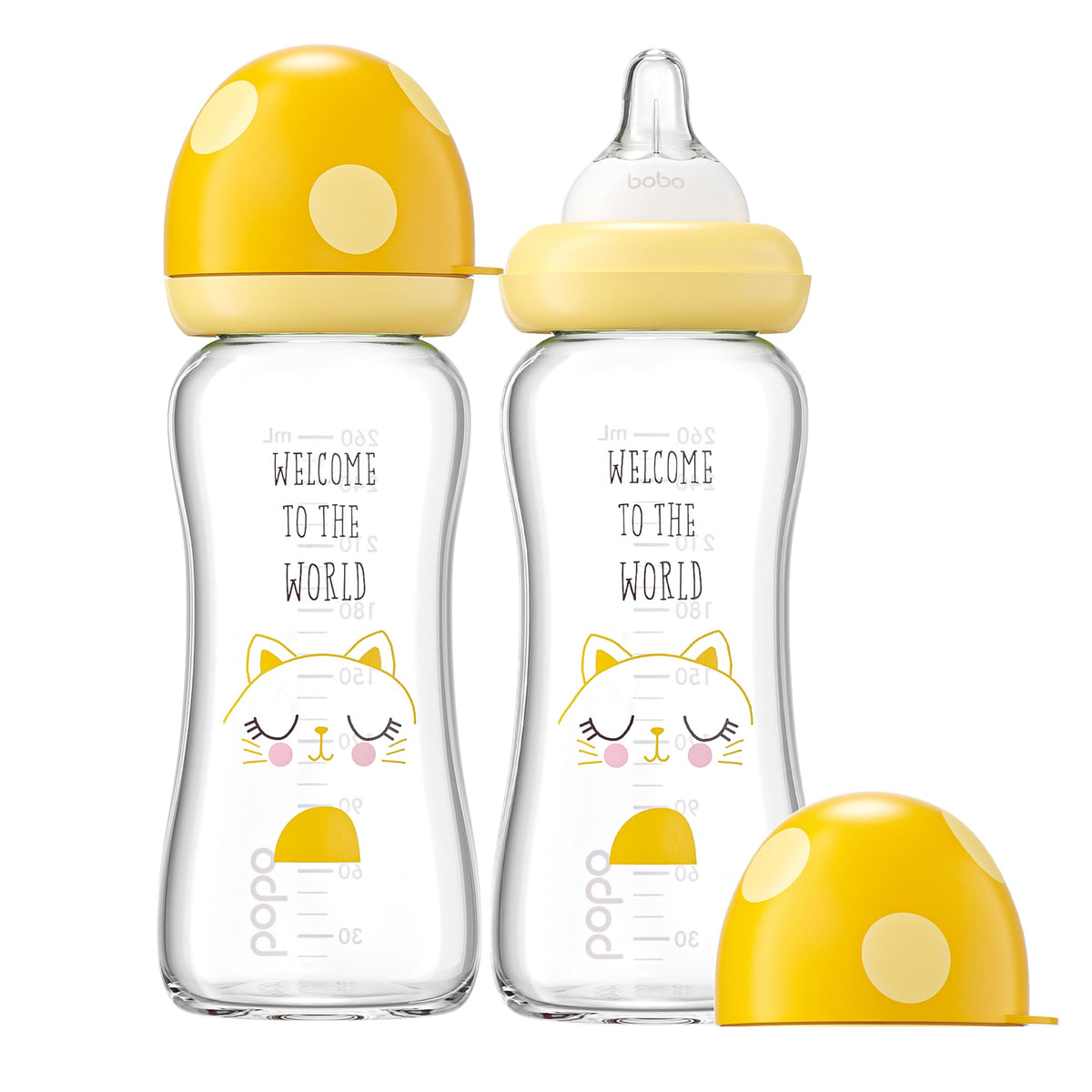 YOHKOH glass baby bottle with wide neck for easy filling and cleaning.