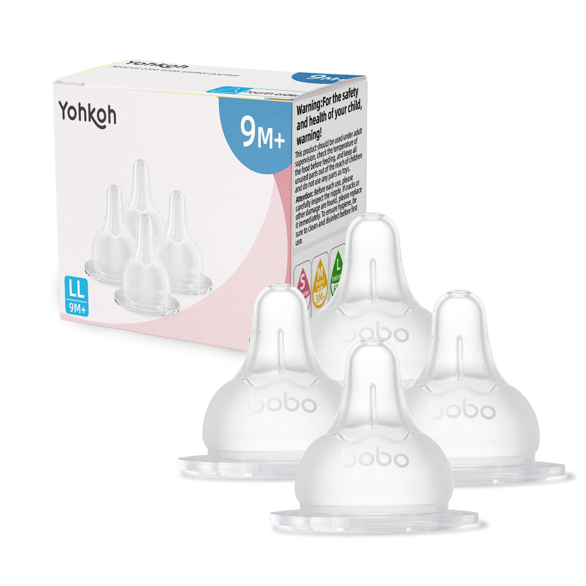 YOHKOH baby nipple, wide-neck close-up, soft silicone feel for natural latch and comfort.