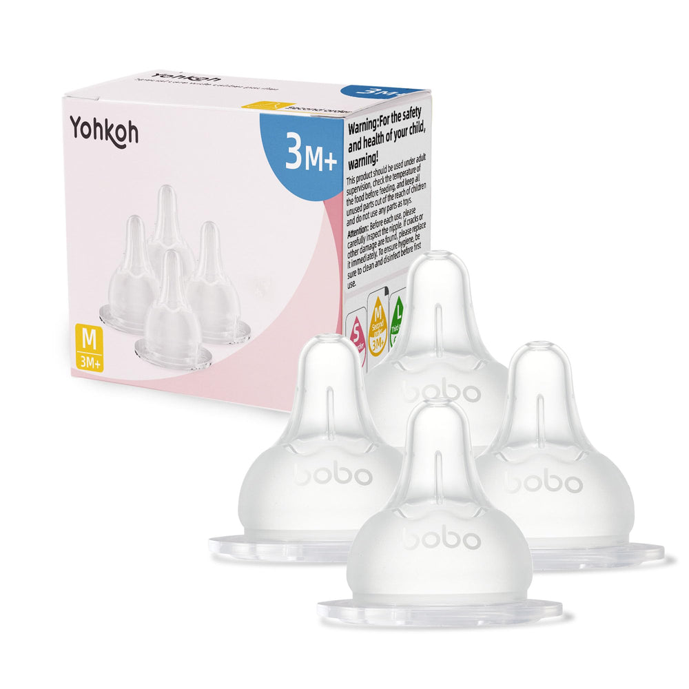 YOHKOH nipple on wide-neck bottle with soft silicone for gentle feeding.