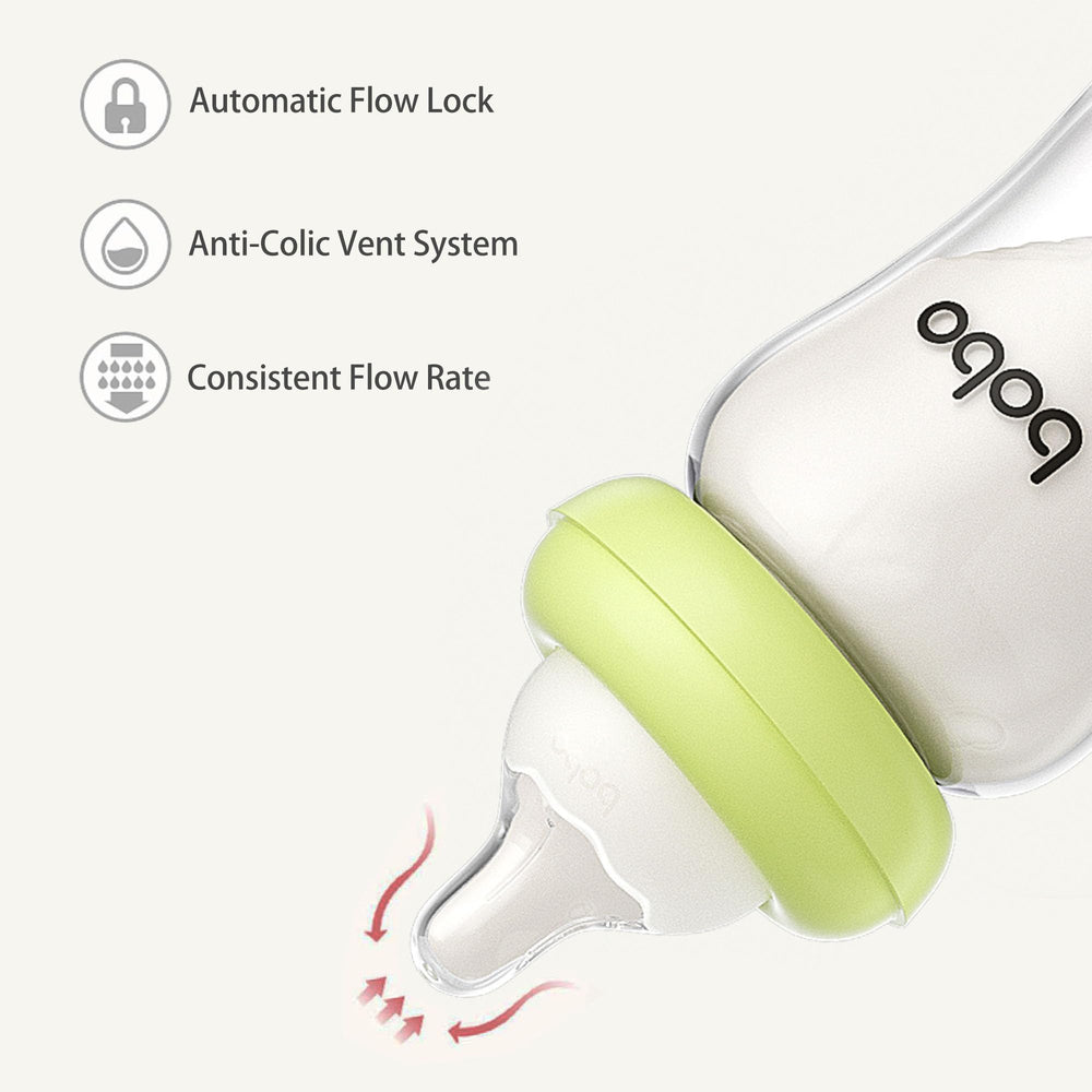 Borosilicate glass bottle with clear measurement markings for precise feeding.